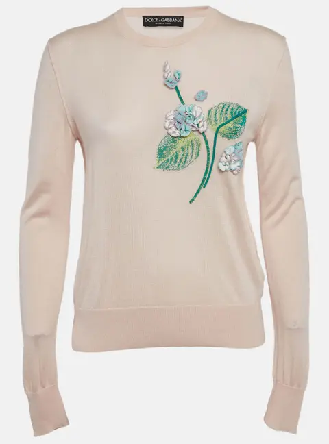 Dolce & Gabbana Pink Floral Applique Cashmere Sweater M