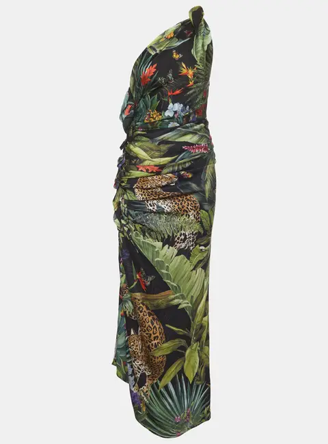 Dolce & Gabbana Multicolor Jungle Print Silk One-Shoulder Ruched Dress S