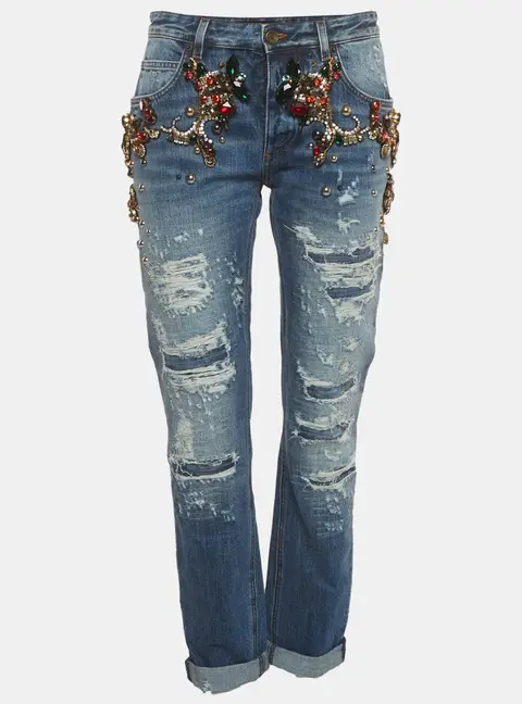 Dolce & Gabbana Blue Distressed Denim Crystal Detail Jeans XS/Waist 28"