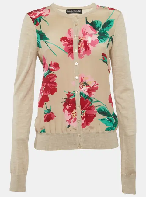Dolce & Gabbana Beige Floral Print Silk and Knit Cardigan M