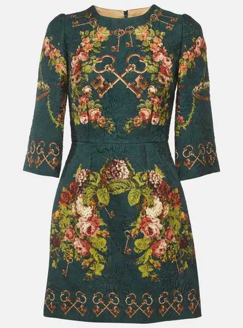 Dolce & Gabbana Bottle Green Floral Print Jacquard Short Dress S