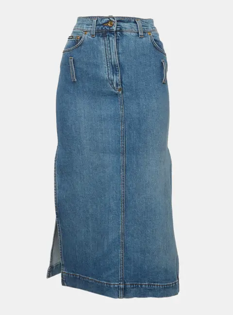 Dolce & Gabbana Blue Denim Side Slit Detail Midi Skirt S