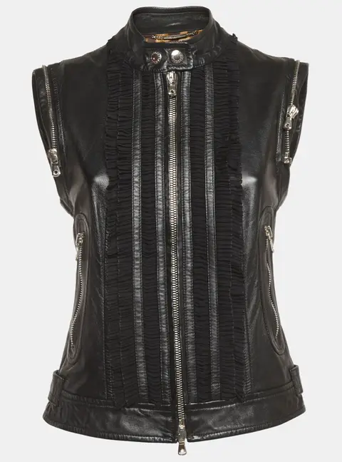 Dolce & Gabbana Black Leather and Silk Ruffled Sleeveless Jacket M