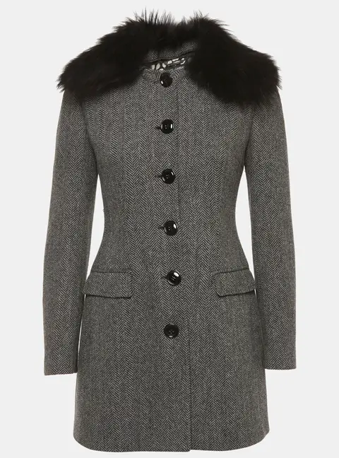 Dolce & Gabbana Grey Herringbone Wool Fur Collar Coat S