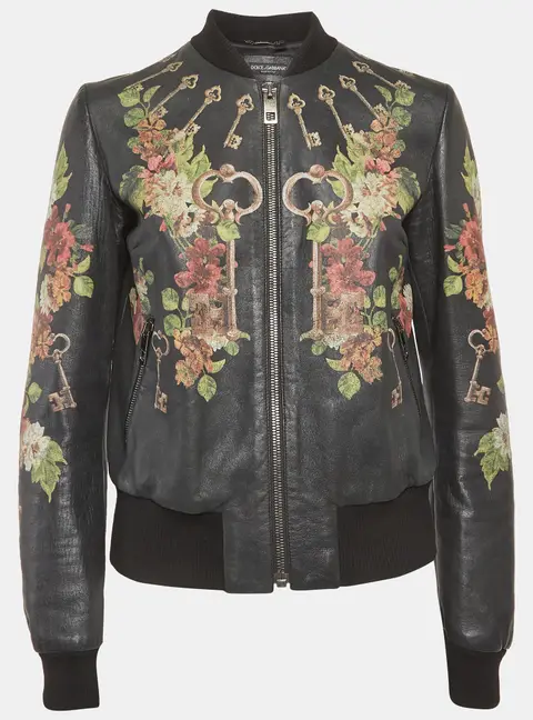Dolce & Gabbana Black Floral Print Leather Bomber Jacket M