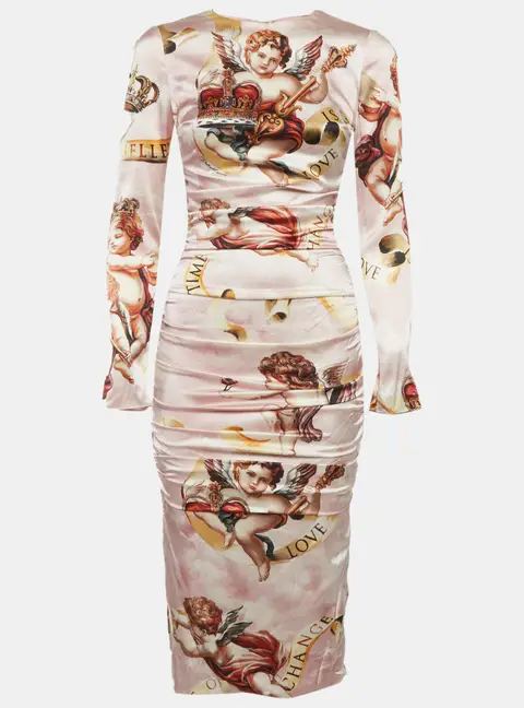 Dolce & Gabbana Pink Satin Baroque Cherub print Ruched Midi Dress S
