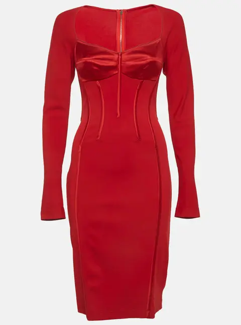 Dolce & Gabbana Red Stretch Knit and Satin Long Sleeves Corset Dress S