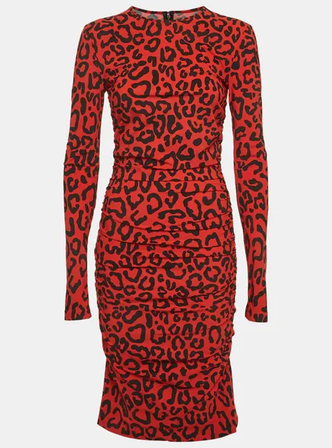 Dolce & Gabbana Red/Black Animal Print Stretch Knit Ruched Midi Dress M