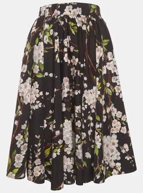 Dolce and Gabbana Black Floral Print Poplin Gathered Skirt S