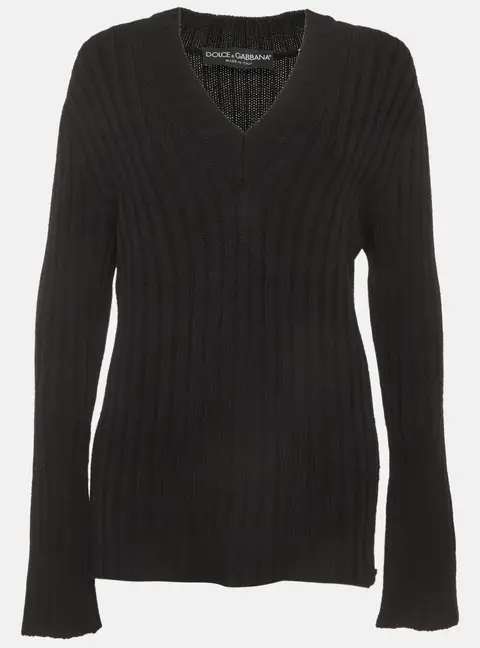 Dolce & Gabbana Black Rib Knit V-Neck Sweater XL