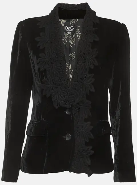 Dolce & Gabbana Black Velvet Lace Detail Blazer M