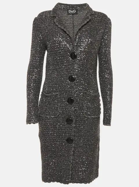 Dolce & Gabbana Grey/Silver Sequin Crochet Knit Long Cardigan M
