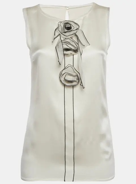 Dolce & Gabbana White Floral Detail Satin Sleeveless Top M