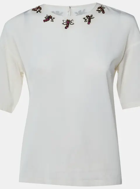 Dolce & Gabbana White Silk Crepe Dragonfly Crystal Embellished Blouse S