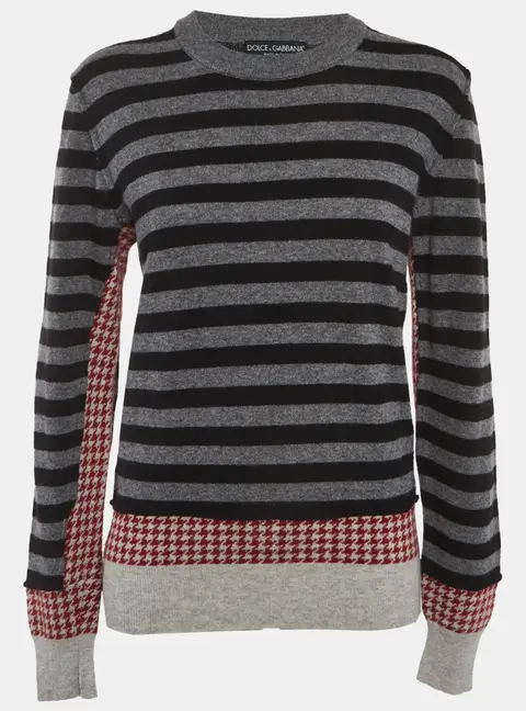 Dolce & Gabbana Grey Striped and Houndstooth Knit Jacquard Sweater L