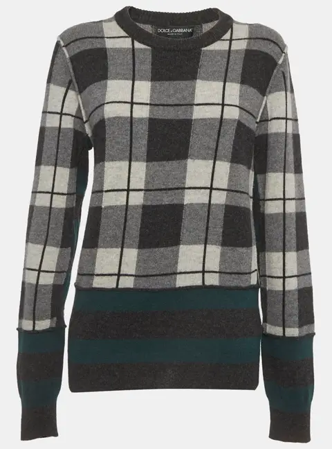 Dolce & Gabbana Grey Plaid Print Rib Knit Crewneck Sweater L