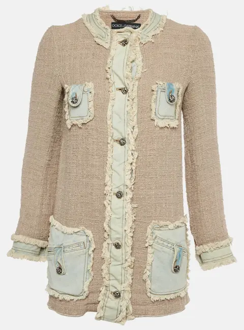 Dolce & Gabbana Beige Denim Trim Tweed Button Up Jacket S