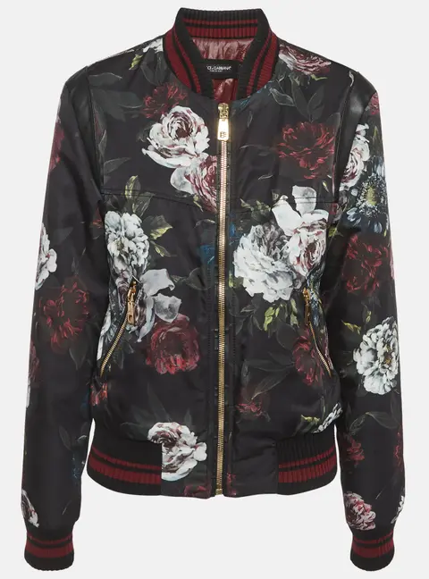 Dolce & Gabbana Black Floral Print Leather Trim Bomber Jacket M