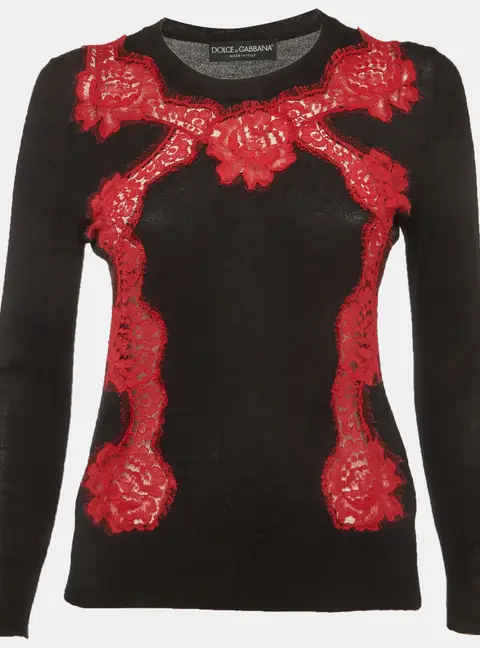 Dolce & Gabbana Black/Red Lace Detail Sweater S
