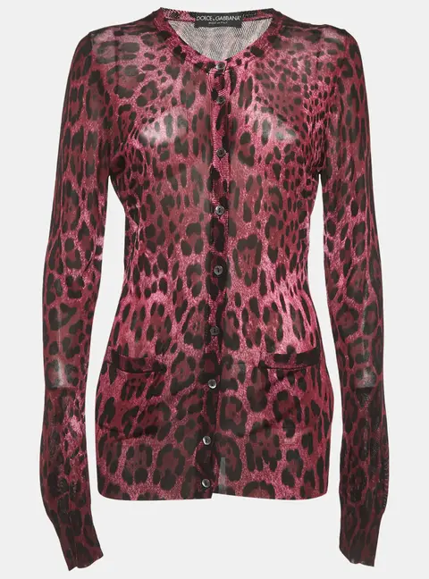 Dolce & Gabbana Pink Leopard Print Knit Cardigan L
