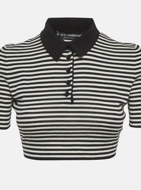 Dolce & Gabbana Black/White Striped Wool Knit Cropped Polo Top S