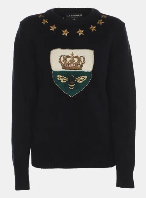 Dolce & Gabbana Dark Navy Crown Bee Embroidered Cashmere and Wool Sweater M