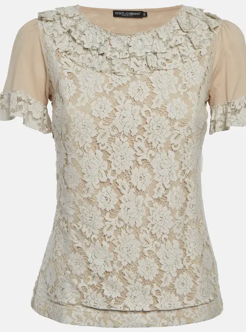 Dolce & Gabbana Beige Jersey and Lace Ruffle Top S