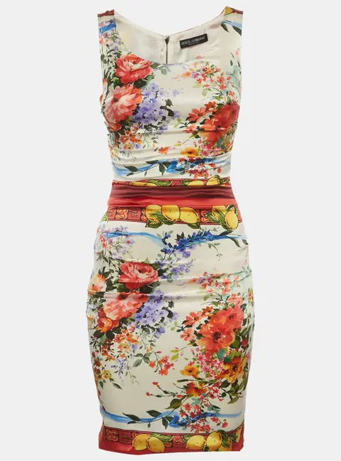 Dolce & Gabbana White Floral Print Silk Blend Ruched Mini Dress S