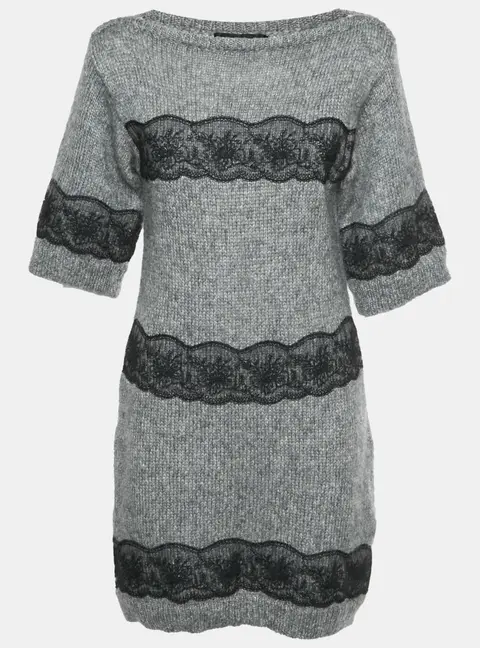 Dolce & Gabbana Grey Wool Blend Rib Knit Lace Trim Mini Dress S