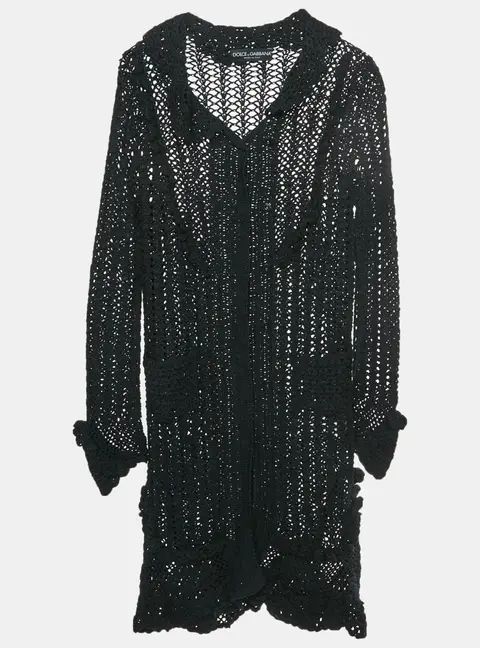 Dolce & Gabbana Black Crochet Knit Ruffled Long Cardigan S