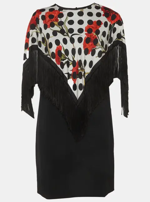 Dolce & Gabbana Black Polka Dots Silk and Crepe Fringed Mini Dress L
