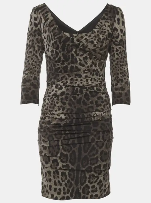 Dolce & Gabbana Grey Leopard Print Silk Ruche Mini Dress S