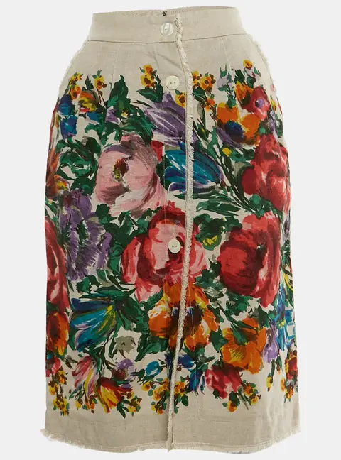 Dolce & Gabbana Beige Floral Print Linen Zip Up Knee Length Skirt S