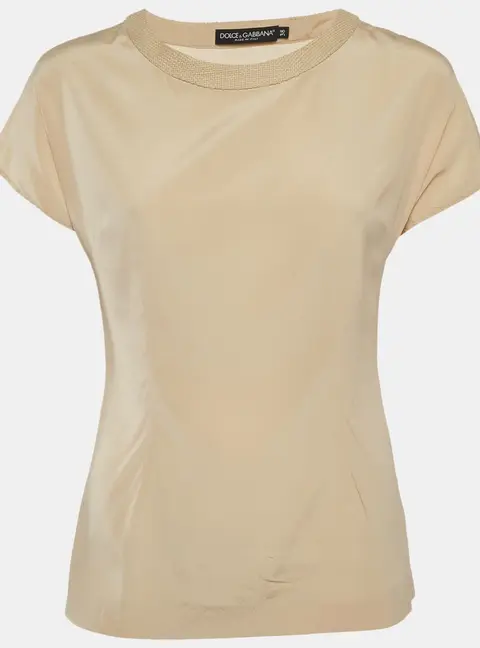 Dolce & Gabbana Beige Silk Blend Crepe Bateau Neck Top S