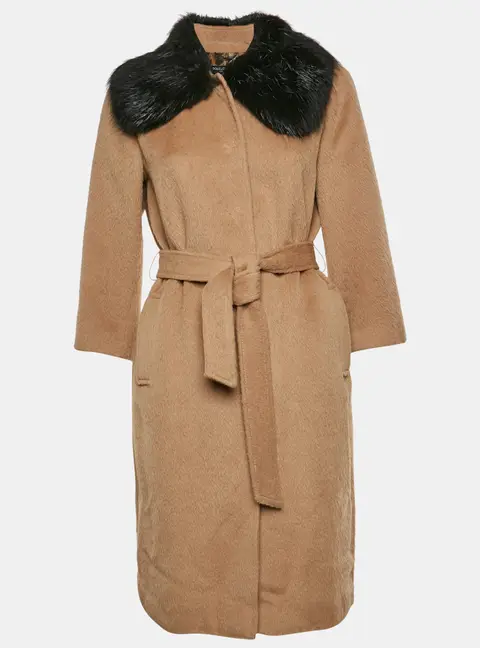 Dolce & Gabbana Brown Wool Blend Fur Collar Belted Coat S