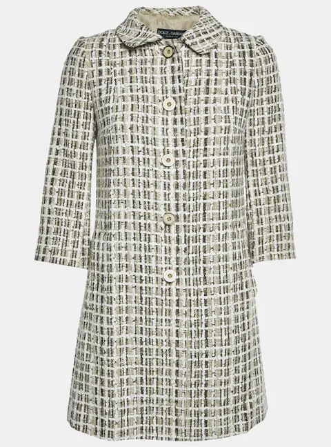 Dolce & Gabbana Beige Plaid Tweed Mid Length Coat S