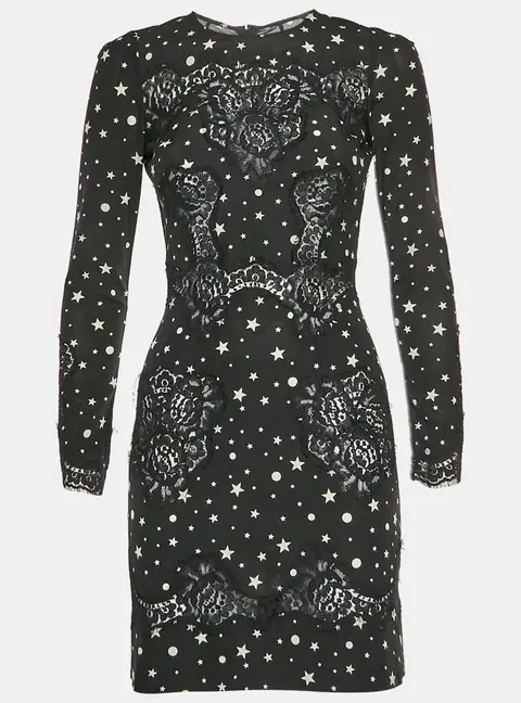 Dolce & Gabbana Black Star Print Silk Blend Crepe and Lace Mini Dress S