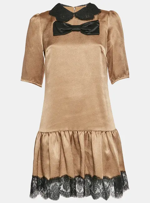 Dolce & Gabbana Tan Synthetic Lace Trim Ruffled Hem Mini Dress S
