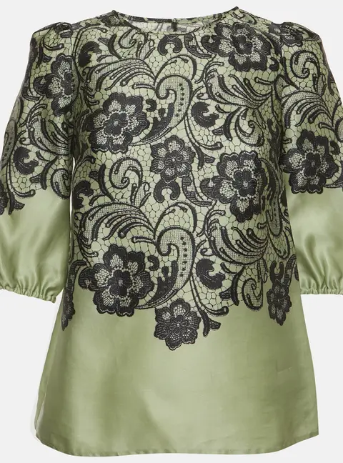 Dolce & Gabbana Green/Black Floral Print Silk Puff Sleeves Top XS