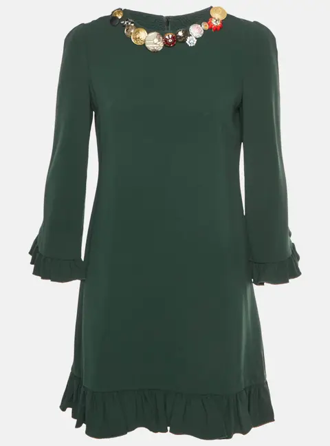 Dolce & Gabbana Green Crepe Bejeweled Ruffled Mini Dress M