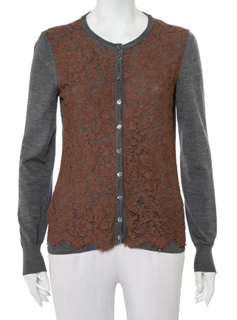 Dolce & Gabbana Grey Wool Contrast Lace Trim Button Front Cardigan M