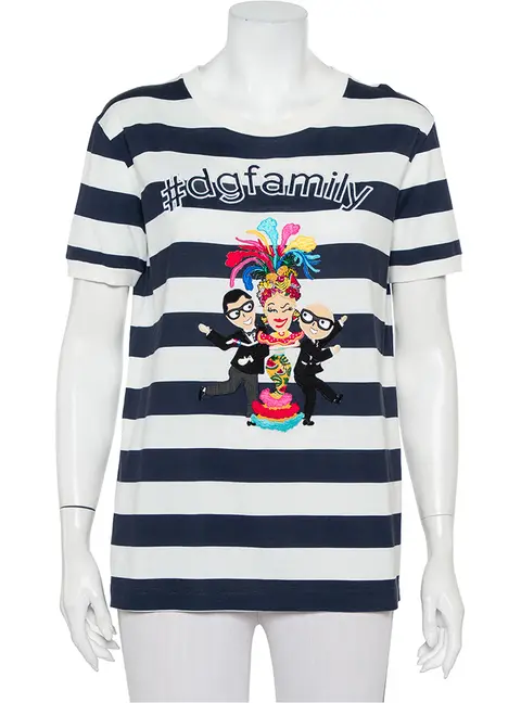 Dolce & Gabbana White & Navy Blue Striped Cotton Patch Detail Crewneck T-Shirt M