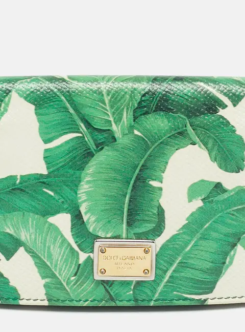 Dolce & Gabbana Green/White Leather Banana Leaf Printed Card Case