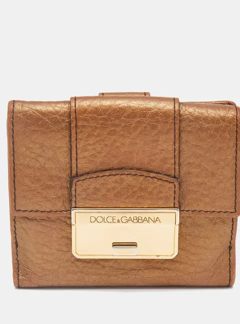 Dolce & Gabbana Gold Leather Metal Flap Compact Wallet