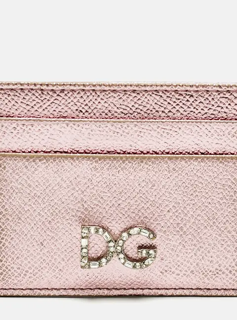 Dolce & Gabbana Metallic Pink Leather DG Crystals Card Holder