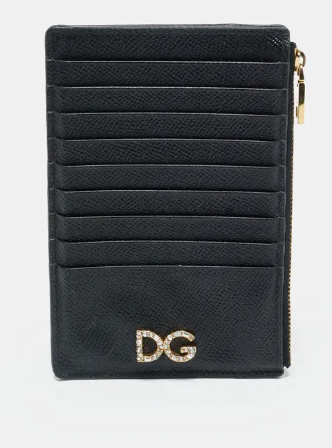 Dolce & Gabbana DG Crystal Logo Black Leather Zip Card Holder