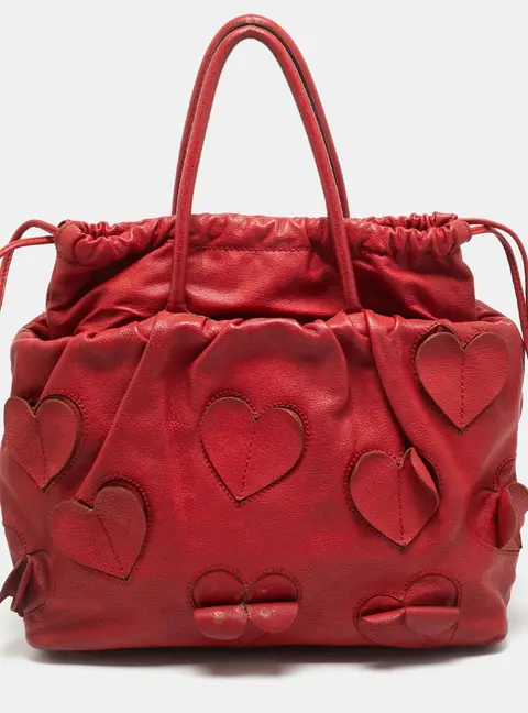 Dolce & Gabbana Heart Applique Red Leather Drawstring Tote