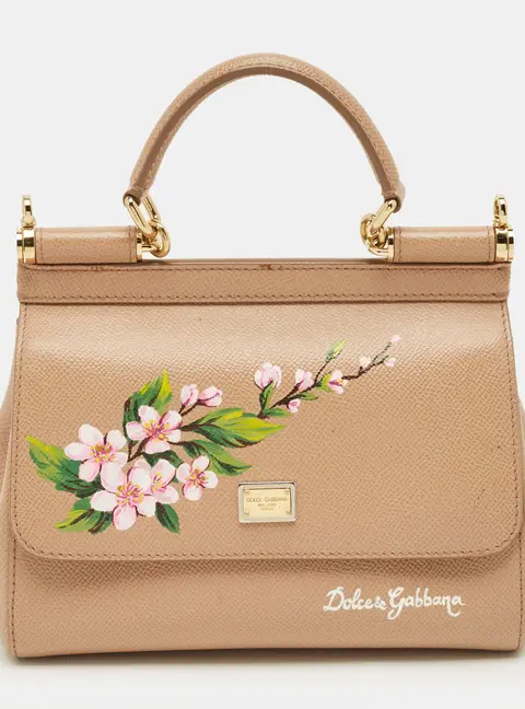 Dolce & Gabbana Floral Print Miss Sicily Beige Leather Top Handle Bag