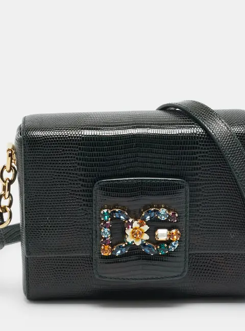 Dolce & Gabbana DG Millennials Dark Green Lizard Embossed Leather Flap Crossbody Bag