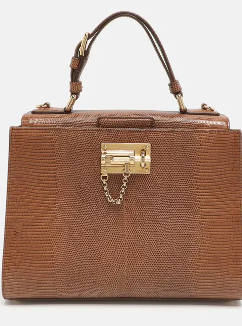 Dolce & Gabbana Miss Monica Medium Brown Lizard Embossed Leather Top Handle Bag